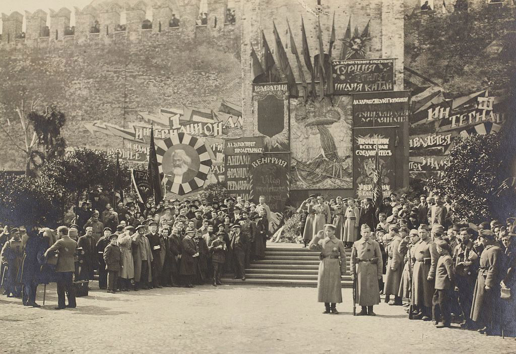 Lenin with comrades at a May Day rally in Red Square, May 1919